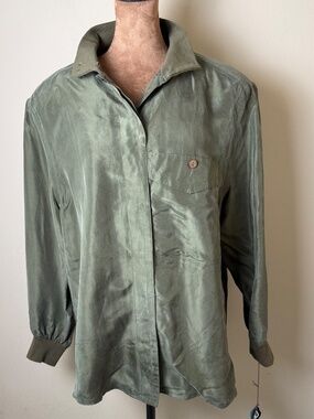 NEW Vintage Diane Gilman 100% Silk Shirt Womens Medium Green Top Blouse Washable